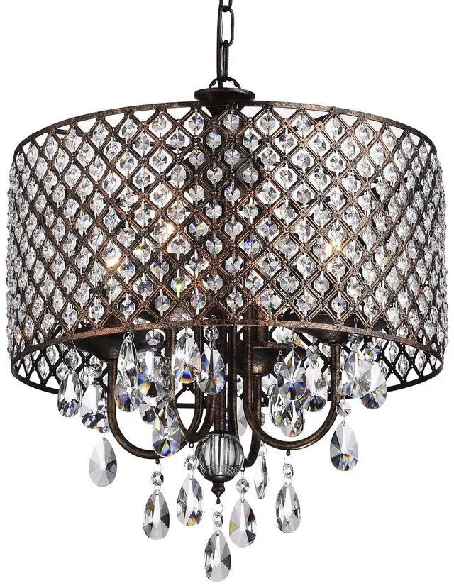 Main image of Marya Drum Crystal Chandelier, 4 Lights Glam Lighting Fixture, Antique Copper Finish, Adjustable Ceiling Light with Round Crystal Drum Shade for Living Room, Bedroom, Kitchen