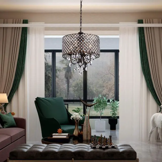 Alt view image 2 of 6 - Marya Drum Crystal Chandelier, 4 Lights Glam Lighting Fixture, Antique Copper Finish, Adjustable Ceiling Light with Round Crystal Drum Shade for Living Room, Bedroom, Kitchen