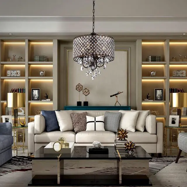 Alt view image 5 of 6 - Marya Drum Crystal Chandelier, 4 Lights Glam Lighting Fixture, Antique Copper Finish, Adjustable Ceiling Light with Round Crystal Drum Shade for Living Room, Bedroom, Kitchen