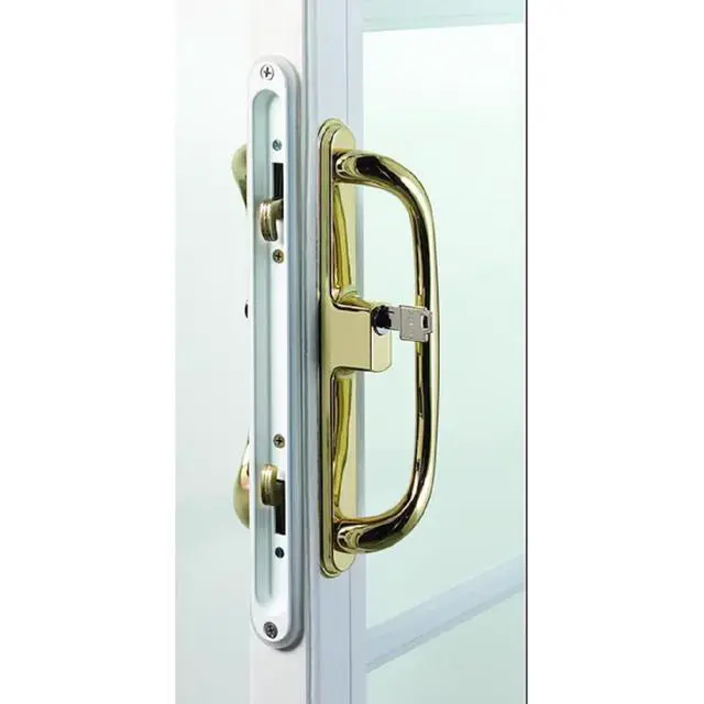 Alt view image 2 of 6 - 8.5" Legacy Sliding Patio Glass Door Offset Latch Diecast Plated Gold Handle Set Replacement with Keys - Sash Controls 2265 Keyed Lock - Fits 3-15/16" Hole Spacing + 1-1/4" to 2-1/4" Door Thickness