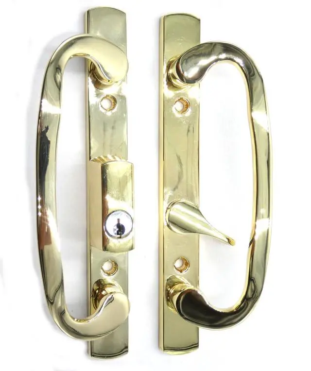 Alt view image 4 of 6 - 8.5" Legacy Sliding Patio Glass Door Offset Latch Diecast Plated Gold Handle Set Replacement with Keys - Sash Controls 2265 Keyed Lock - Fits 3-15/16" Hole Spacing + 1-1/4" to 2-1/4" Door Thickness