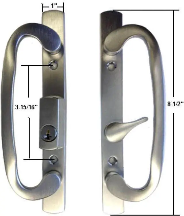 Alt view image 2 of 5 - 8.5" Legacy Sliding Patio Glass Door Offset Latch Brushed Chrome Handle Set with Keys - Sash Controls 2265 Keyed Lock - Fits 3-15/16" Screw Hole Spacing and 1-1/4" to 2-1/4" Door Thickness