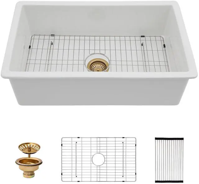 Main image of White Undermount Kitchen Sink 32 Inch - Glossy White Fireclay Drop In Kitchen Sink Dual Mount Heavy Duty Single Bowl Undermount Sinks Basin with Luxury Accessories 32"x19"x10"