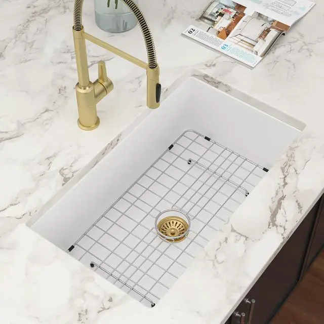 Alt view image 3 of 6 - White Undermount Kitchen Sink 32 Inch - Glossy White Fireclay Drop In Kitchen Sink Dual Mount Heavy Duty Single Bowl Undermount Sinks Basin with Luxury Accessories 32"x19"x10"