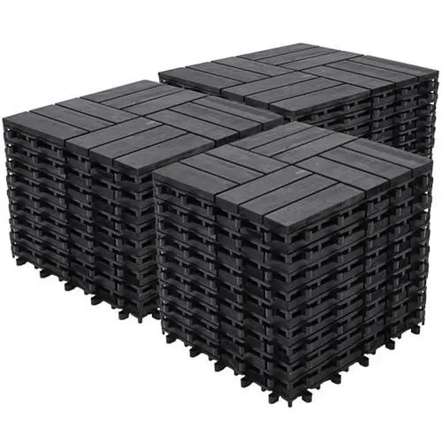 Alt view image 2 of 6 - Bliss Outdoors Hardwood 12-Slat Interlocking Deck Tiles, Acacia Wooden Waterproof Patio Flooring or Balcony Indoor/Outdoor, Aged Black, Set of 30