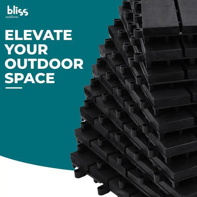 Alt view image 3 of 6 - Bliss Outdoors Hardwood 12-Slat Interlocking Deck Tiles, Acacia Wooden Waterproof Patio Flooring or Balcony Indoor/Outdoor, Aged Black, Set of 30
