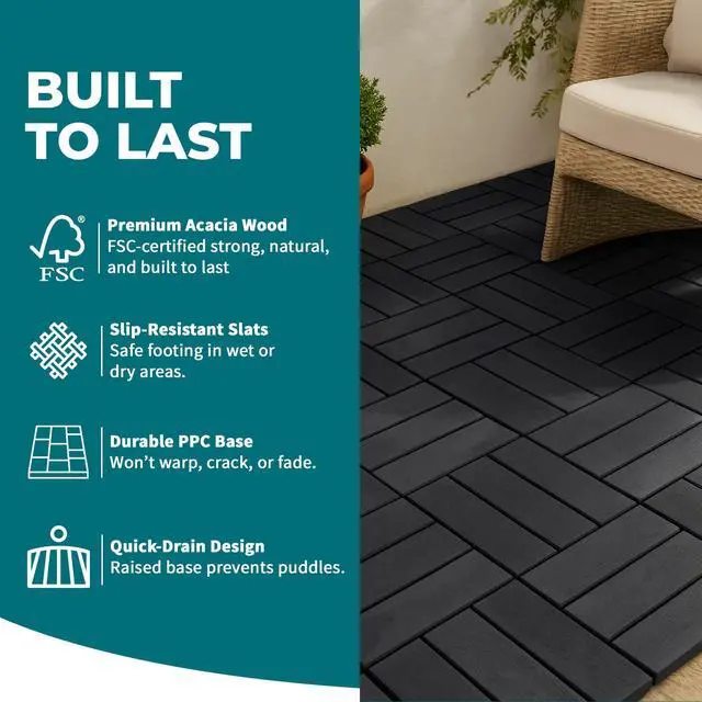 Alt view image 4 of 6 - Bliss Outdoors Hardwood 12-Slat Interlocking Deck Tiles, Acacia Wooden Waterproof Patio Flooring or Balcony Indoor/Outdoor, Aged Black, Set of 30