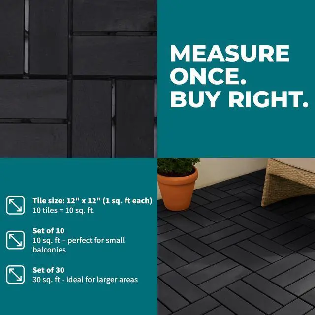 Alt view image 5 of 6 - Bliss Outdoors Hardwood 12-Slat Interlocking Deck Tiles, Acacia Wooden Waterproof Patio Flooring or Balcony Indoor/Outdoor, Aged Black, Set of 30