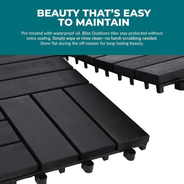 Alt view image 6 of 6 - Bliss Outdoors Hardwood 12-Slat Interlocking Deck Tiles, Acacia Wooden Waterproof Patio Flooring or Balcony Indoor/Outdoor, Aged Black, Set of 30