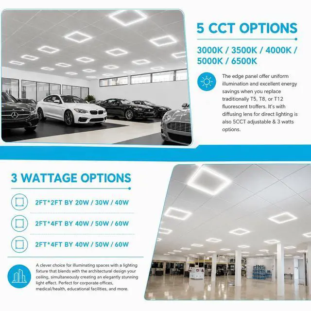Alt view image 3 of 6 - 2x2 FT Edge-Lit Frame LED Panel Lights,5CCT Selectable 3000K-6500K, 2600/3900/5200LM,20W/30W/40W Switch, Grid Drop Ceiling Lights,0-10V Dimmable,Damp Rated,100-277V,ETL Listed (2 X 2 EDGE - 4 PACK)