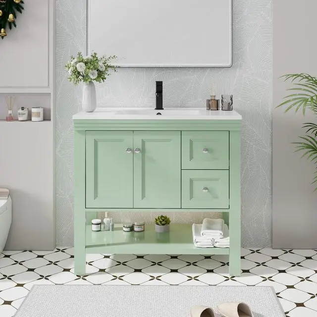 Main image of 36" Bathroom Vanity with Sink Combo, Modern Painted Vanities Cabinet w/Wide Opening Storage Shelf, 2 Drawers, Soft Closing Doors and Undermount White Sink Faucet Drain, Green