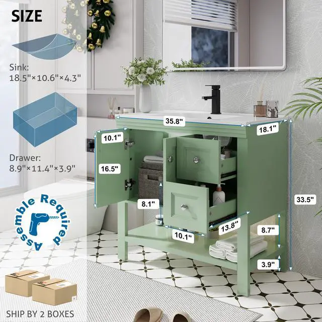 Alt view image 2 of 6 - 36" Bathroom Vanity with Sink Combo, Modern Painted Vanities Cabinet w/Wide Opening Storage Shelf, 2 Drawers, Soft Closing Doors and Undermount White Sink Faucet Drain, Green