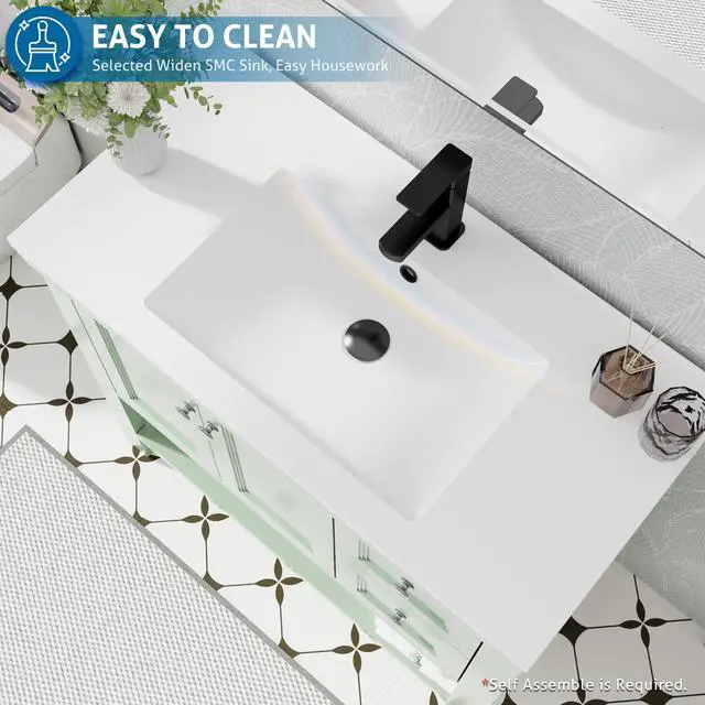 Alt view image 4 of 6 - 36" Bathroom Vanity with Sink Combo, Modern Painted Vanities Cabinet w/Wide Opening Storage Shelf, 2 Drawers, Soft Closing Doors and Undermount White Sink Faucet Drain, Green