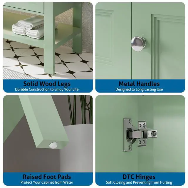 Alt view image 5 of 6 - 36" Bathroom Vanity with Sink Combo, Modern Painted Vanities Cabinet w/Wide Opening Storage Shelf, 2 Drawers, Soft Closing Doors and Undermount White Sink Faucet Drain, Green