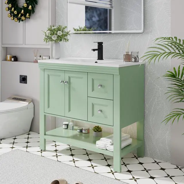 Alt view image 6 of 6 - 36" Bathroom Vanity with Sink Combo, Modern Painted Vanities Cabinet w/Wide Opening Storage Shelf, 2 Drawers, Soft Closing Doors and Undermount White Sink Faucet Drain, Green