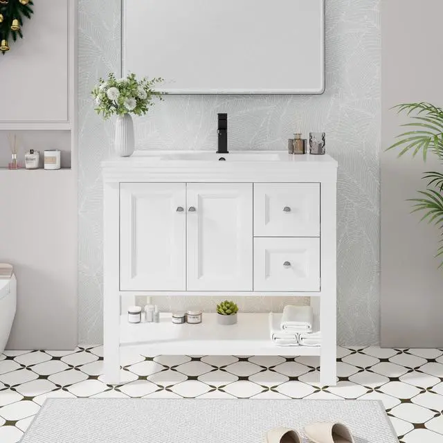 Main image of 36" Bathroom Vanity with Sink Combo, Modern Painted Vanities Cabinet w/Wide Opening Storage Shelf, 2 Drawers, Soft Closing Doors and Undermount White Sink Faucet Drain, White