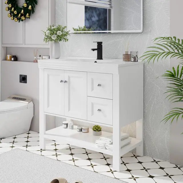 Alt view image 2 of 6 - 36" Bathroom Vanity with Sink Combo, Modern Painted Vanities Cabinet w/Wide Opening Storage Shelf, 2 Drawers, Soft Closing Doors and Undermount White Sink Faucet Drain, White