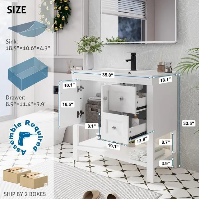 Alt view image 3 of 6 - 36" Bathroom Vanity with Sink Combo, Modern Painted Vanities Cabinet w/Wide Opening Storage Shelf, 2 Drawers, Soft Closing Doors and Undermount White Sink Faucet Drain, White