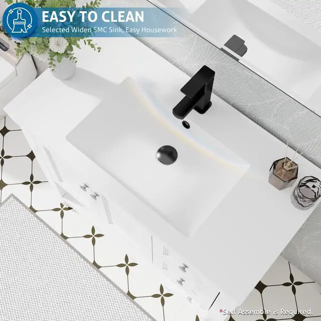 Alt view image 5 of 6 - 36" Bathroom Vanity with Sink Combo, Modern Painted Vanities Cabinet w/Wide Opening Storage Shelf, 2 Drawers, Soft Closing Doors and Undermount White Sink Faucet Drain, White