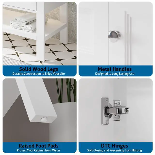 Alt view image 6 of 6 - 36" Bathroom Vanity with Sink Combo, Modern Painted Vanities Cabinet w/Wide Opening Storage Shelf, 2 Drawers, Soft Closing Doors and Undermount White Sink Faucet Drain, White