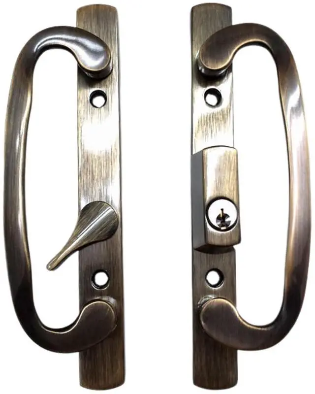 Main image of 8.5 in Sliding Patio Glass Door Handle Set with Keyed Offset Latch, Antique Brass Diecast Pull, Fits 3-15/16 in Screw Holes and 1-1/4 to 2-1/4 in Door Thickness