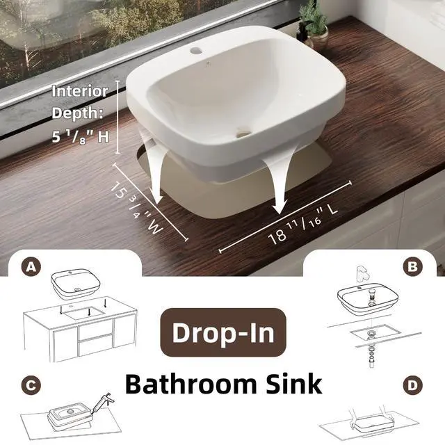 Alt view image 2 of 6 - 20W x 17D Drop In Bathroom Sink with Free Pop-Up Drain, White Ceramic Rectangular Semi Recessed Bathroom Sink with Single Faucet Hole, Modern Vessel Sink, Durable Above Counter Basin