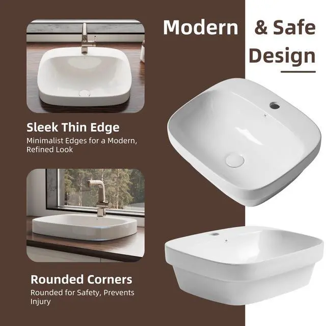 Alt view image 3 of 6 - 20W x 17D Drop In Bathroom Sink with Free Pop-Up Drain, White Ceramic Rectangular Semi Recessed Bathroom Sink with Single Faucet Hole, Modern Vessel Sink, Durable Above Counter Basin