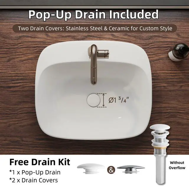 Alt view image 4 of 6 - 20W x 17D Drop In Bathroom Sink with Free Pop-Up Drain, White Ceramic Rectangular Semi Recessed Bathroom Sink with Single Faucet Hole, Modern Vessel Sink, Durable Above Counter Basin