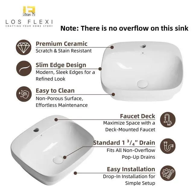 Alt view image 5 of 6 - 20W x 17D Drop In Bathroom Sink with Free Pop-Up Drain, White Ceramic Rectangular Semi Recessed Bathroom Sink with Single Faucet Hole, Modern Vessel Sink, Durable Above Counter Basin