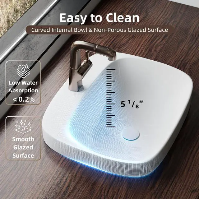 Alt view image 6 of 6 - 20W x 17D Drop In Bathroom Sink with Free Pop-Up Drain, White Ceramic Rectangular Semi Recessed Bathroom Sink with Single Faucet Hole, Modern Vessel Sink, Durable Above Counter Basin