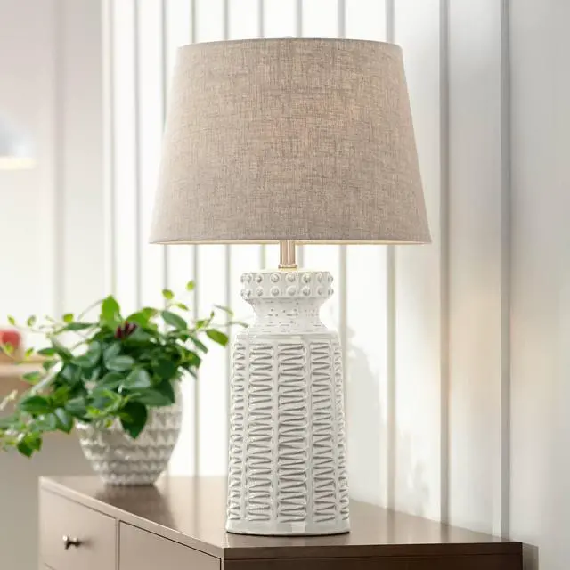 Main image of Helene 26" Tall Table Lamp Cream White Ceramic Country Rustic Tan | Colors May Vary. Cottage Living Room Bedroom House Bedside Home Nightstand Office Family Linen Tapered Drum Shade