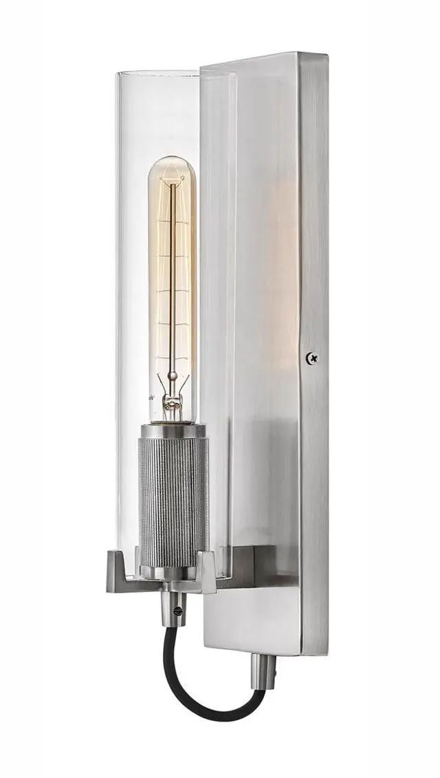 Main image of Ryden Medium Indoor Single Light Wall Sconce, Brushed Nickel Finish | Clear Glass Cylinder Shade, Modern Industrial, Sleek, Includes Med. LED Bulb, Shown w/ T-Style Bulb, Hidden Mounting Hardware