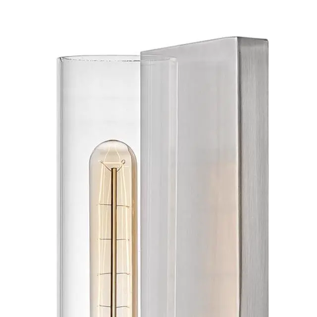 Alt view image 3 of 5 - Ryden Medium Indoor Single Light Wall Sconce, Brushed Nickel Finish | Clear Glass Cylinder Shade, Modern Industrial, Sleek, Includes Med. LED Bulb, Shown w/ T-Style Bulb, Hidden Mounting Hardware