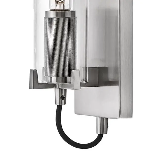 Alt view image 4 of 5 - Ryden Medium Indoor Single Light Wall Sconce, Brushed Nickel Finish | Clear Glass Cylinder Shade, Modern Industrial, Sleek, Includes Med. LED Bulb, Shown w/ T-Style Bulb, Hidden Mounting Hardware