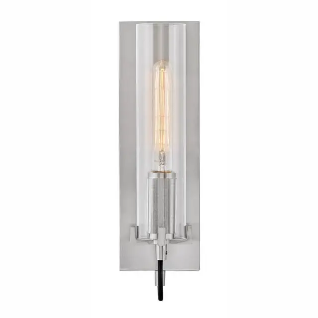 Alt view image 5 of 5 - Ryden Medium Indoor Single Light Wall Sconce, Brushed Nickel Finish | Clear Glass Cylinder Shade, Modern Industrial, Sleek, Includes Med. LED Bulb, Shown w/ T-Style Bulb, Hidden Mounting Hardware