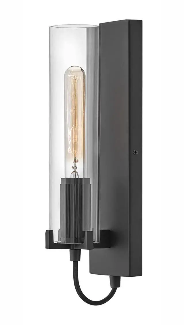 Main image of Ryden Medium Indoor Single Light Wall Sconce, Black Finish | Clear Glass Cylinder Shade, Modern Industrial, Sleek, Includes Med. LED Bulb, Shown w/ T-Style Bulb, Hidden Mounting Hardware