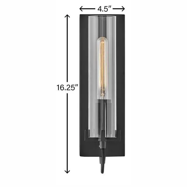 Alt view image 2 of 6 - Ryden Medium Indoor Single Light Wall Sconce, Black Finish | Clear Glass Cylinder Shade, Modern Industrial, Sleek, Includes Med. LED Bulb, Shown w/ T-Style Bulb, Hidden Mounting Hardware