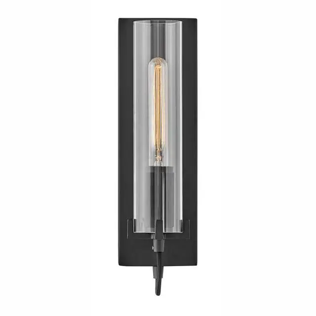 Alt view image 5 of 6 - Ryden Medium Indoor Single Light Wall Sconce, Black Finish | Clear Glass Cylinder Shade, Modern Industrial, Sleek, Includes Med. LED Bulb, Shown w/ T-Style Bulb, Hidden Mounting Hardware