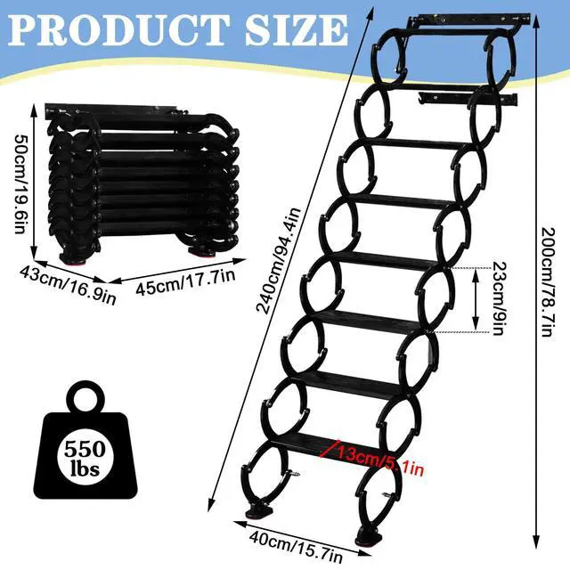 Alt view image 2 of 6 - 8 Steps Wall Mounted Attic Ladder, Indoor Attic Stairs Pull Down System, Metal Telescoping Step Ladders, Anti-Slip Retractable Folding Stair, Loft Extension Steps Staircase (White, 8 Steps)
