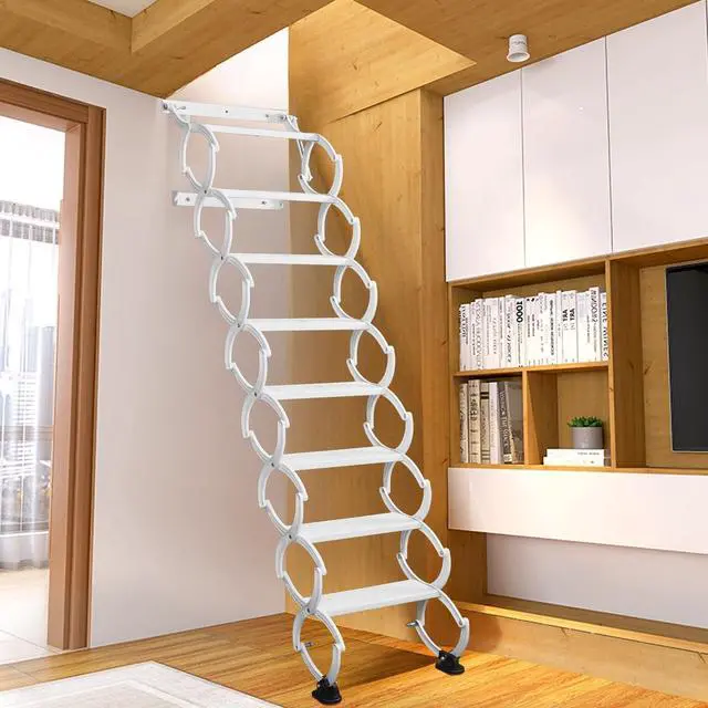 Alt view image 3 of 6 - 8 Steps Wall Mounted Attic Ladder, Indoor Attic Stairs Pull Down System, Metal Telescoping Step Ladders, Anti-Slip Retractable Folding Stair, Loft Extension Steps Staircase (White, 8 Steps)