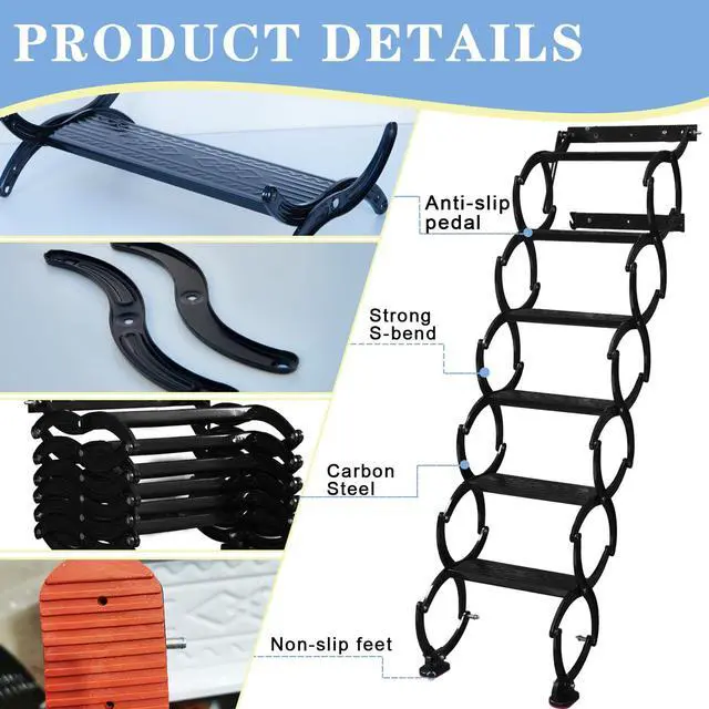 Alt view image 4 of 6 - 8 Steps Wall Mounted Attic Ladder, Indoor Attic Stairs Pull Down System, Metal Telescoping Step Ladders, Anti-Slip Retractable Folding Stair, Loft Extension Steps Staircase (White, 8 Steps)