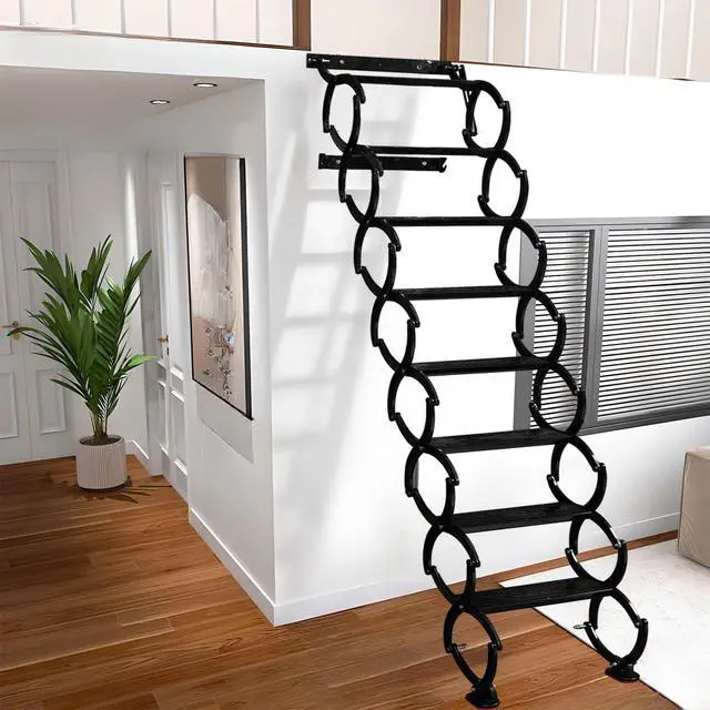 Alt view image 5 of 6 - 8 Steps Wall Mounted Attic Ladder, Indoor Attic Stairs Pull Down System, Metal Telescoping Step Ladders, Anti-Slip Retractable Folding Stair, Loft Extension Steps Staircase (White, 8 Steps)