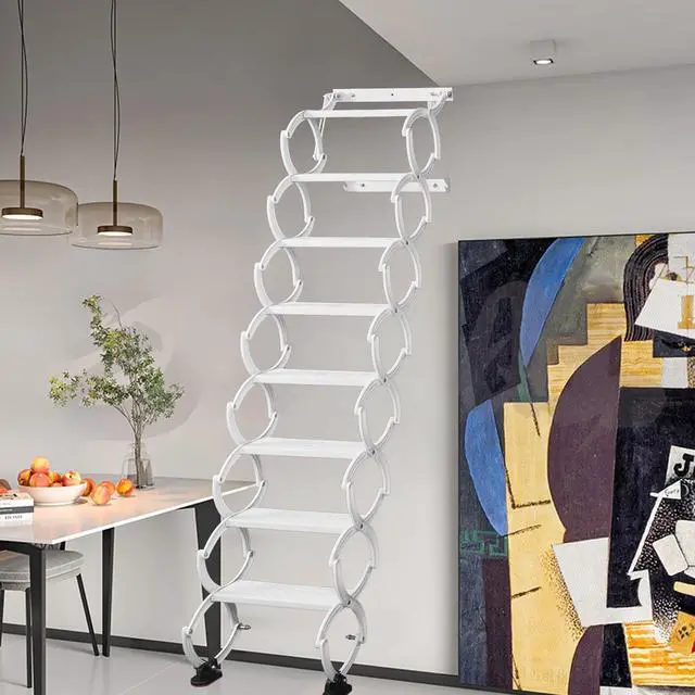 Alt view image 6 of 6 - 8 Steps Wall Mounted Attic Ladder, Indoor Attic Stairs Pull Down System, Metal Telescoping Step Ladders, Anti-Slip Retractable Folding Stair, Loft Extension Steps Staircase (White, 8 Steps)