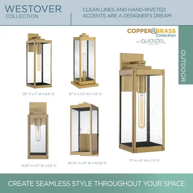 Alt view image 5 of 6 - Westover 14.25" Outdoor Wall Lantern, Antique Brass | 1-Light, Clear Seeded Glass, Outdoor Wall Light, Modern Industrial