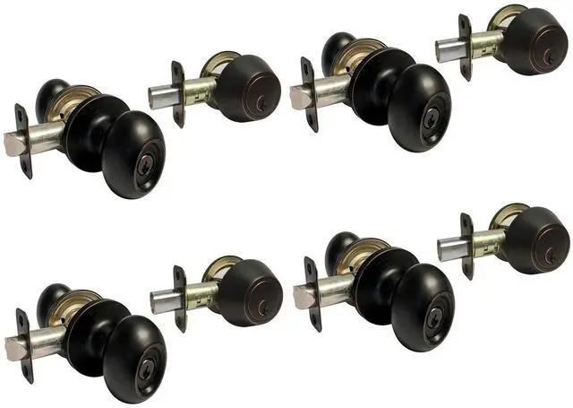 Main image of Dark Oil Rubbed Bronze Entry Entrance Oval Egg Shaped Knob Handle with Matching Single Cylinder Deadbolt Combo Combo Pack Keyed Alike 6093DBR (4 Set)