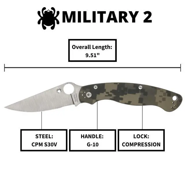 Alt view image 5 of 5 - Military 2 Folding Pocket Knife, PlainEdge | 9.51" Overall Length, 4" CPM S30V Steel Blade, Digital Camo G-10 Handle, Compression Lock, Full-Flat Grind