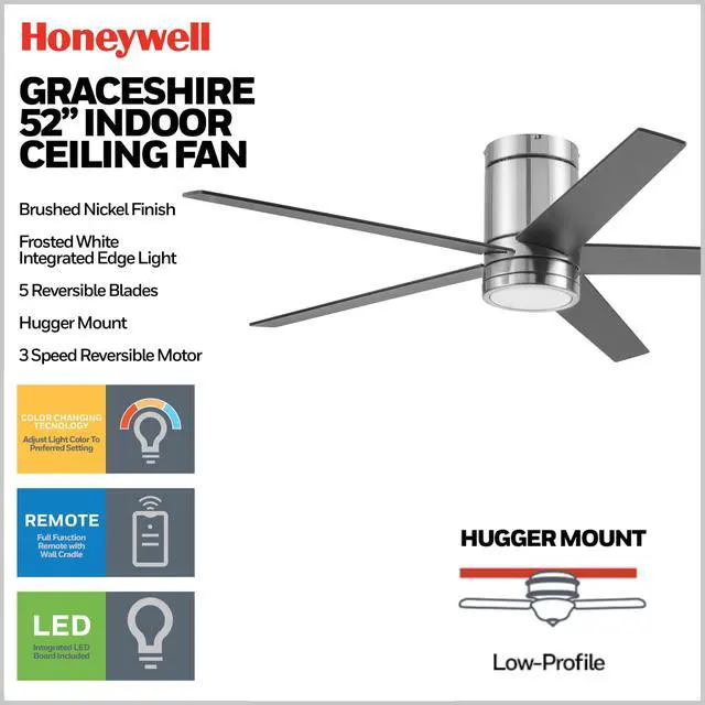 Alt view image 3 of 6 - Graceshire 52 Inch Ceiling Fan with Color Changing LED Light and Remote Control, 5 Blades, Reversible Airflow, Brushed Nickel