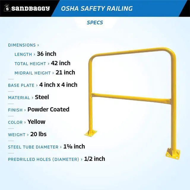 Alt view image 4 of 6 - Yellow OSHA Safety Railing (36" L x 42" H) - Industrial Guardrail - Meets OSHA Requirements - Fall Protection Handrail - Warehouse, Construction, Rooftop (1, Yellow)