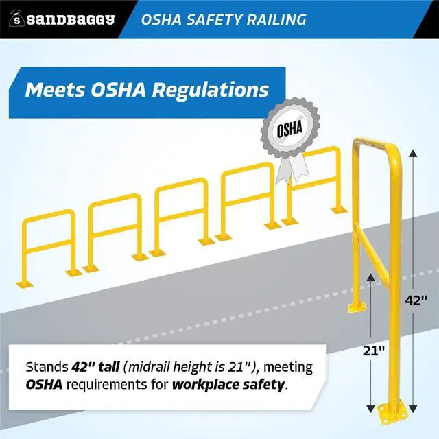 Alt view image 5 of 6 - Yellow OSHA Safety Railing (36" L x 42" H) - Industrial Guardrail - Meets OSHA Requirements - Fall Protection Handrail - Warehouse, Construction, Rooftop (1, Yellow)