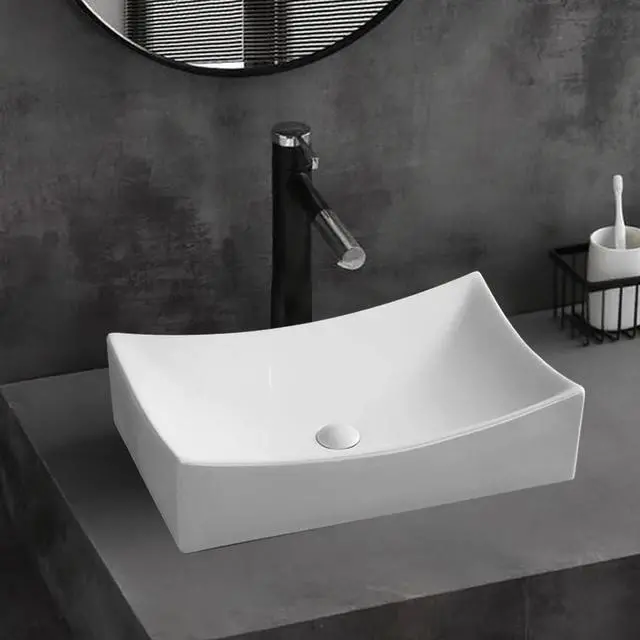 Main image of Rectangle Bathroom Vessel Sink Above Counter Square Bowl Countertop 20"x15" Inches Modern Contemporary Porcelain Big Large Ceramic Wash Lavatory Basin Rectangular Sinks White,20" (Small)